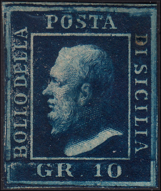 EBS33 - 1859 - Effigie di Ferdinando II di Borbone volta a sinistra, 10 grana azzurro cupo carta di Napoli nuovo con gomma originale, ritocco n. 1, grande qualità (12).