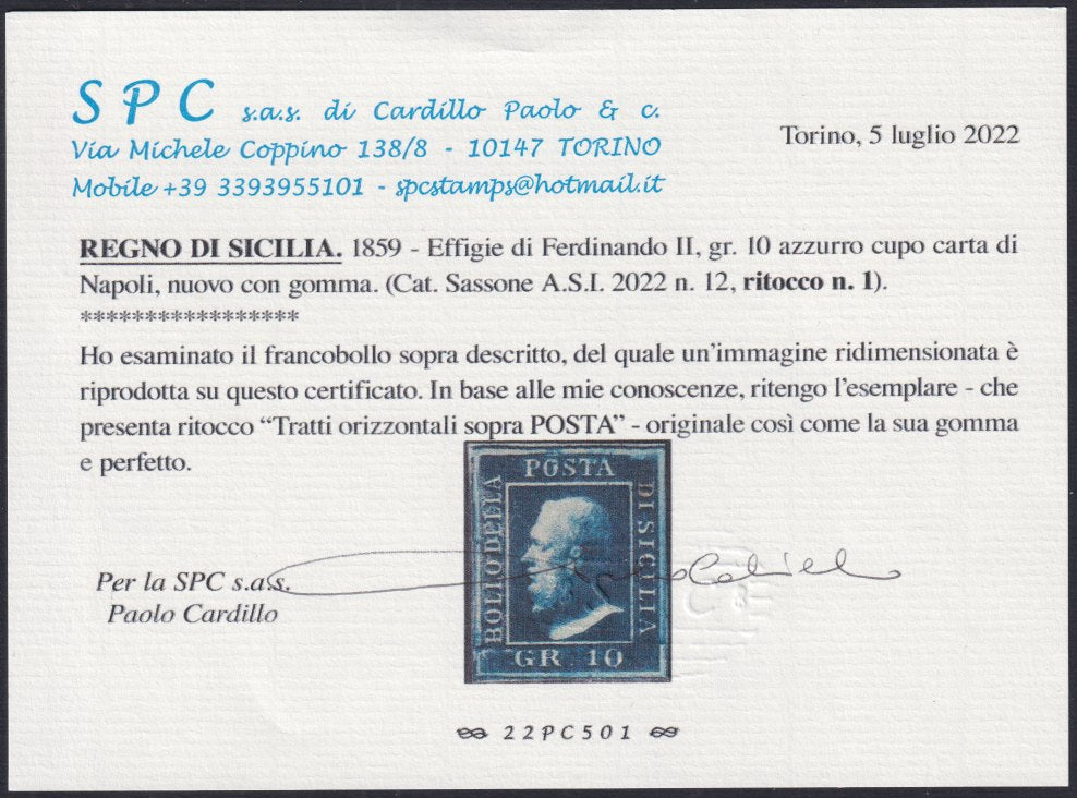 EBS33 - 1859 - Effigie di Ferdinando II di Borbone volta a sinistra, 10 grana azzurro cupo carta di Napoli nuovo con gomma originale, ritocco n. 1, grande qualità (12).