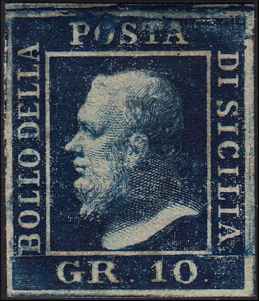 EBS34 - 1859 - Effigie di Ferdinando II di Borbone volta a sinistra, 10 grana azzurro cupo carta di Napoli nuovo con gomma originale, ritocco n. 9, grande qualità (12).