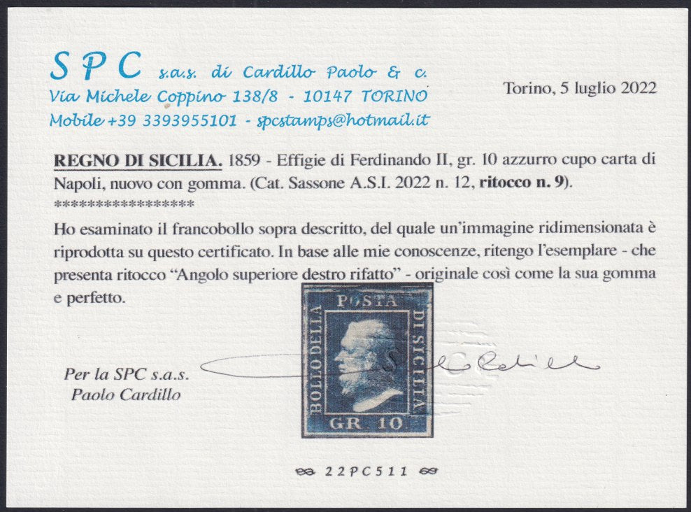 EBS34 - 1859 - Effigie di Ferdinando II di Borbone volta a sinistra, 10 grana azzurro cupo carta di Napoli nuovo con gomma originale, ritocco n. 9, grande qualità (12).