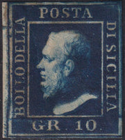 SIC105 - 1859 - Effigie di Ferdinando II di Borbone volta a sinistra, 10 grana azzurro cupo carta di Napoli nuovo con gomma originale, ritocco n. 11, (12).