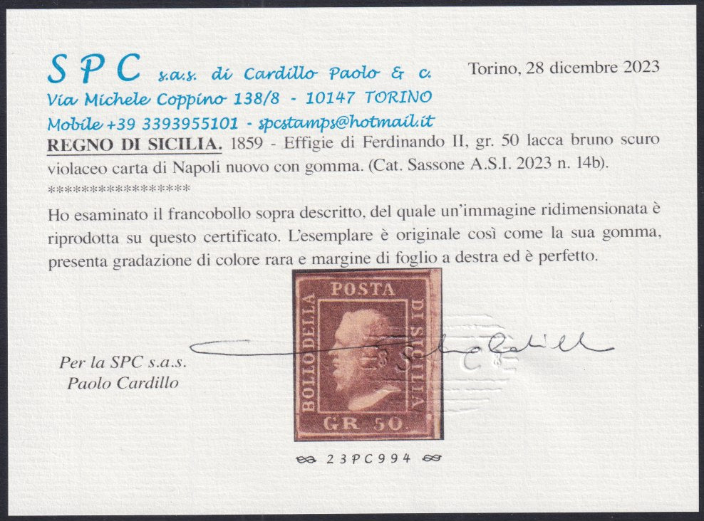 SIC26 - 1859 - Effigie di Ferdinando II di Borbone volta a sinistra, 50 grana lacca bruno scuro violaceo carta di Napoli nuovo con gomma originale (14b).