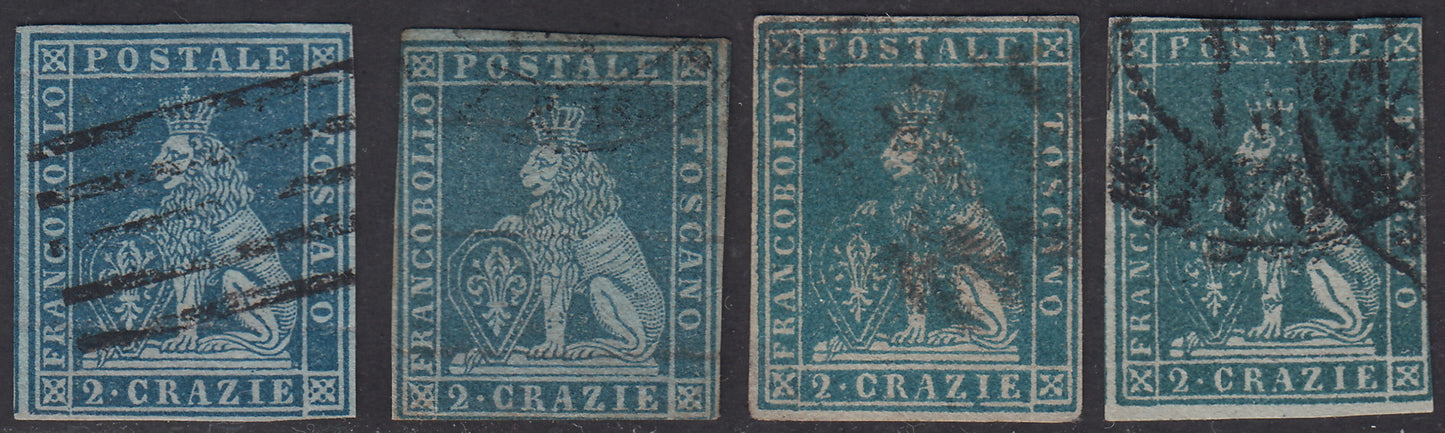 PV1599 - 1851 - Leone di Marzocco, I emissione lotto comprendente 2 cr. azzurro grigio e 2 cr. azzurro vivo su azzurro + 2 cr. Azzurro verdastro + 2 cr verde azzurro su carta grigia usati. (5a, 5b, 5e, 5f).