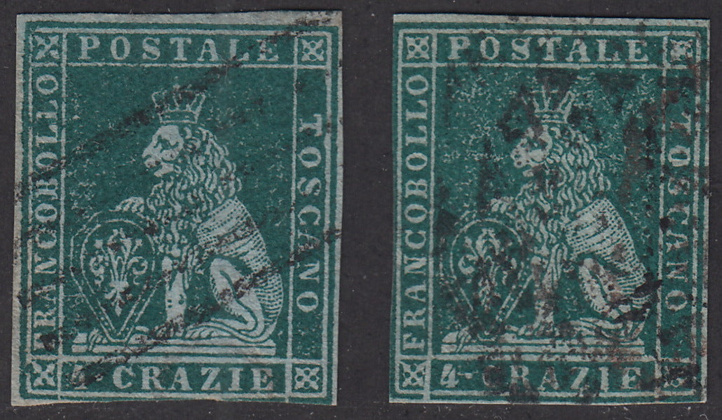 PV1614 - 1851 - Leone di Marzocco, I emissione 4 crazie verde azzurro e 4 crazie verde scuro entrambi su carta azzurra e filigrana corona, usati. (6a, 6b).