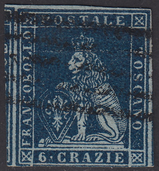 PV1638 - 1851 - Leone di Marzocco, I emissione 6 crazie indaco su carta azzurra e filigrana corona usato,  (7a).