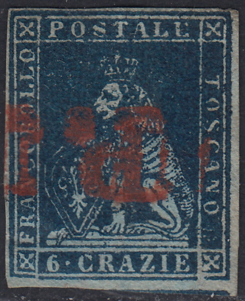 TOS148 - 1851 - Leone di Marzocco, I emissione 6 crazie indaco su carta azzurra e filigrana corona usato,  (7a).