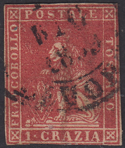 PV1720 -  1857 - Leone di Marzocco, II emissione 1 crazia carminio su carta bianca e filigrana linee ondulate usato,  (12).