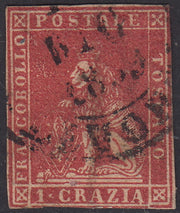 PV1720 -  1857 - Leone di Marzocco, II emissione 1 crazia carminio su carta bianca e filigrana linee ondulate usato,  (12).