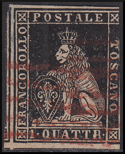 TOS16 - 1857 - Leone di Marzocco, II emissione 1 quattrino nero su carta bianca e filigrana linee ondulate usato (10).