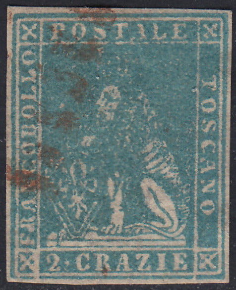 PPP449 - 1851 Leone di Marzocco, 2 light blue crazie on gray paper and crown watermark, used (5d)