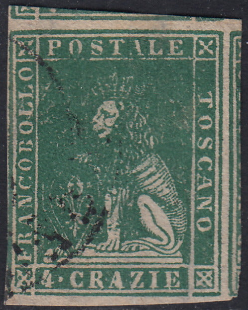 TOS150 - 1857 - Leone di Marzocco, II emissione 4 crazie verde su carta bianca e filigrana linee ondulate, (14).