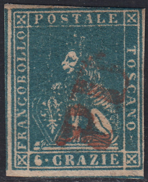 PPP449 - 1851 Leone di Marzocco, 2 light blue crazie on gray paper and crown watermark, used (5d)