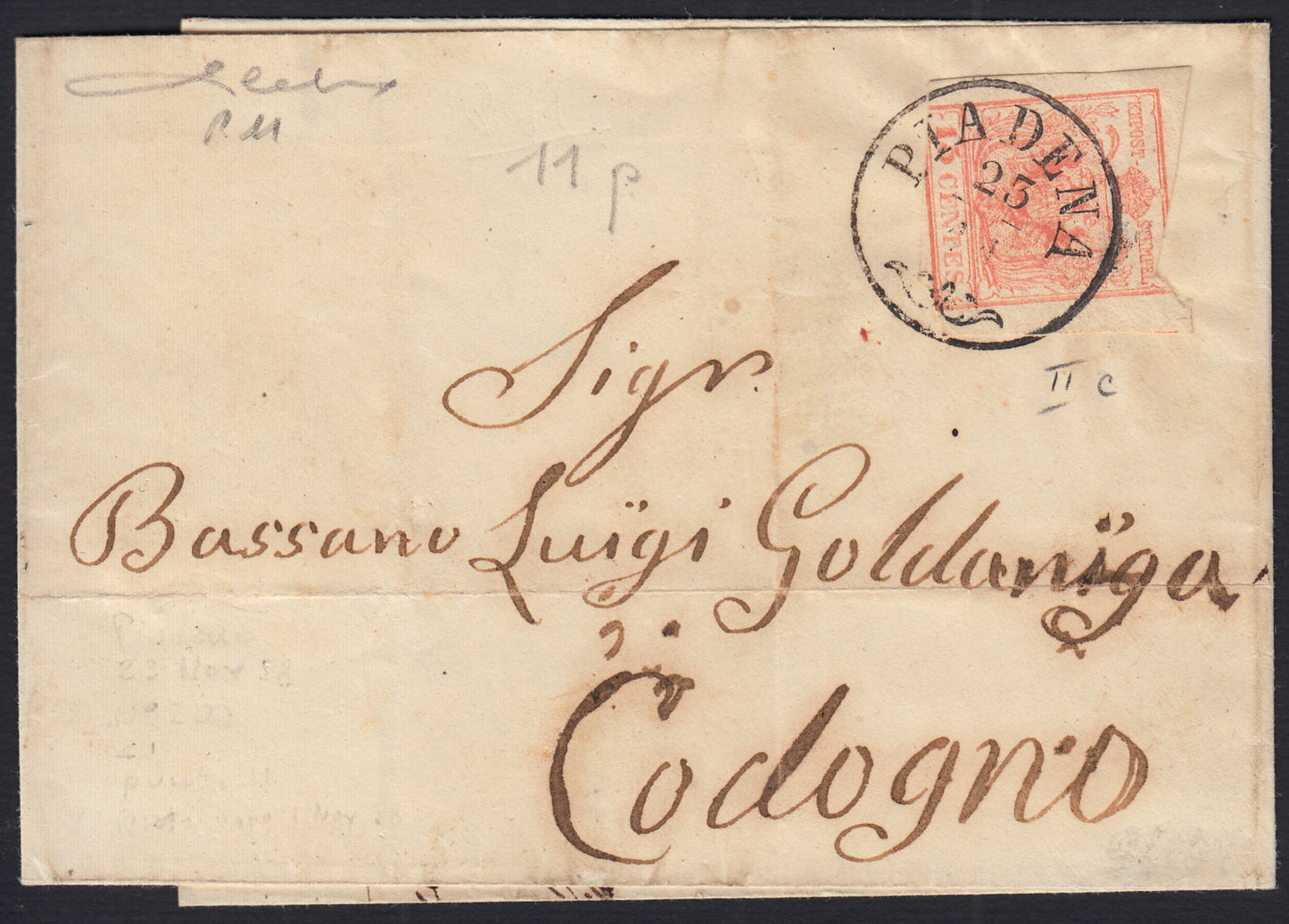 F27_1 - 1850 - I emissone lettera spedita da Piadena per Cologno 23/11/1858 affrancata con c. 15 rosso vermiglio chiaro carta a macchina difettoso in alto, raro annullo. (20a, p.ti 11).