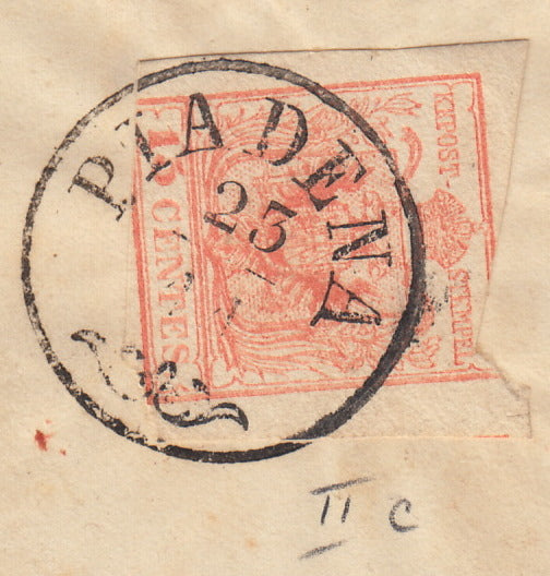 F27_1 - 1850 - I emissone lettera spedita da Piadena per Cologno 23/11/1858 affrancata con c. 15 rosso vermiglio chiaro carta a macchina difettoso in alto, raro annullo. (20a, p.ti 11).