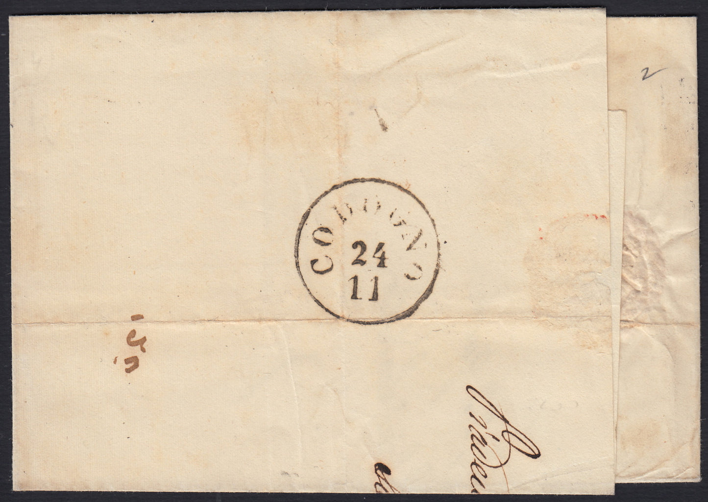 F27_1 - 1850 - I emissone lettera spedita da Piadena per Cologno 23/11/1858 affrancata con c. 15 rosso vermiglio chiaro carta a macchina difettoso in alto, raro annullo. (20a, p.ti 11).