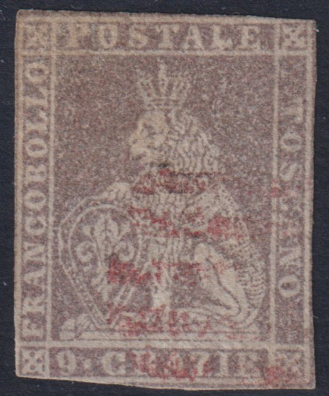 E6_200 - 1859 - Leone di Marzocco, II emissione 9 crazie bruno lillaceo su carta bianca e filigrana linee ondulate usato con annullo muto a cinque sbarre in rosso, (16).