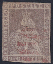 E6_200 - 1859 - Leone di Marzocco, II emissione 9 crazie bruno lillaceo su carta bianca e filigrana linee ondulate usato con annullo muto a cinque sbarre in rosso, (16).