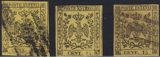 MOD145 - 1852 - Emissione senza punto dopo la cifra, c. 15 giallo nei tre colori emessi, giallo, giallo vivo e giallo chiaro, usati (3, 3a, 3b).