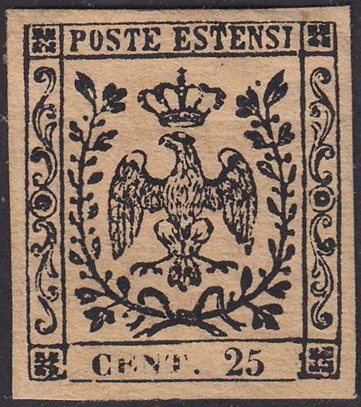 PV76 - 1852 - Aquila Estense, c. 25 camoscio chiarissimo rosaceo nuovo con piena gomma originale, lieve trasparenza, rarissimo colore allo stato di nuovo (4b).