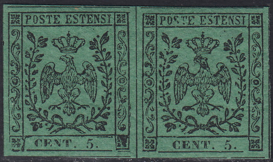 MOD120 - 1852 - Emissione con punto dopo la cifra, c. 5 verde coppia orizzontale nuova con gomma integra (7).