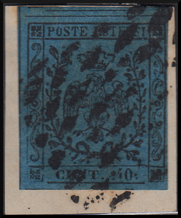 PPP43 - 1851 - Emissione con punto dopo la cifra, c. 40 azzurro scuro usato (10).