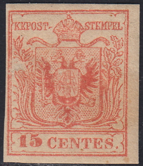 LV242 - 1854 - I emissione c. 15 rosso vermiglio chiaro carta a macchina spessa nuovo con gomma originale, un punto chiaro (20a).