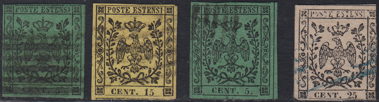 MOD146 - 1852 - Emissione senza punto dopo la cifra, c. 5 verde, c. 15 giallo e c. 25 camoscio chiaro + emissione con punto c. 5 verde, usati. (1, 3, 4, 7).