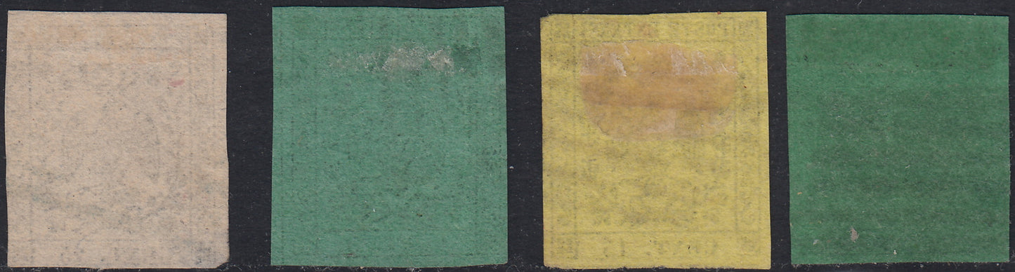 MOD146 - 1852 - Emissione senza punto dopo la cifra, c. 5 verde, c. 15 giallo e c. 25 camoscio chiaro + emissione con punto c. 5 verde, usati. (1, 3, 4, 7).