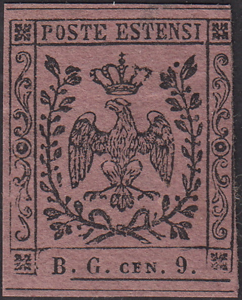 PV117 - 1853 - Aquila Estense, B.G.Cen.9 violetto grigio lettere piccole nuovo con gomma originale, (2).