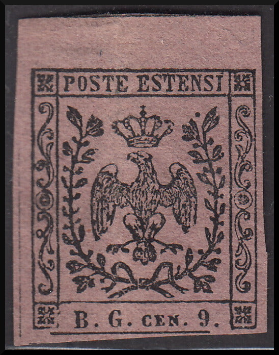 MOD47 - 1853 - Emissione per giornali, B.G. cen.9 violetto grigio con lieve piega verticale visibile solo al verso, nuovo senza gomma (2).