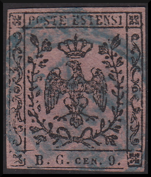 MOD54 - 1853 - B.G.Cen.9 lettere piccole violetto grigio usato, un puntino chiaro (2).