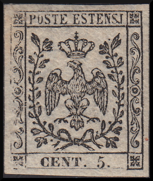 PPP38 - 1852 - Prova del c. 5 su carta bianca nuova con gomma e con filigrana simile a quella del valore da 1 Lira. (P21).