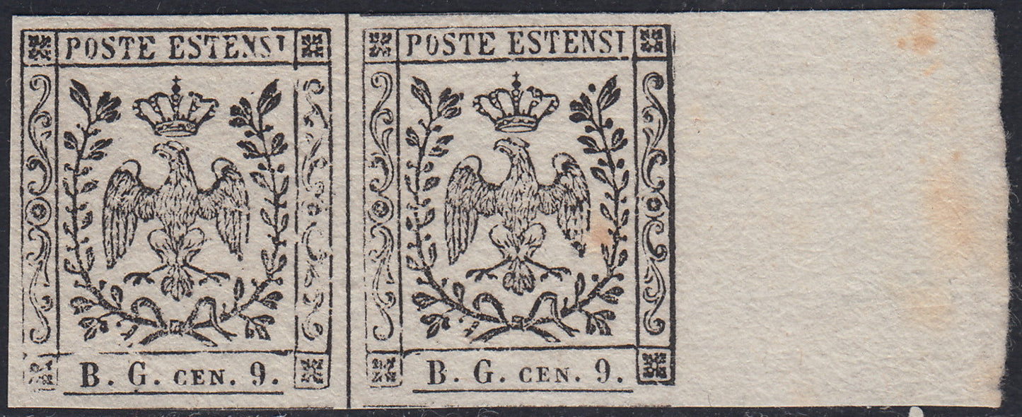 MOD94 - 1851 - Prove, B.g. cen 9. prova su carta bianca non gommata, coppia orizzontale bordo di foglio a destra, posizioni 159 e 160 del foglio (P34).