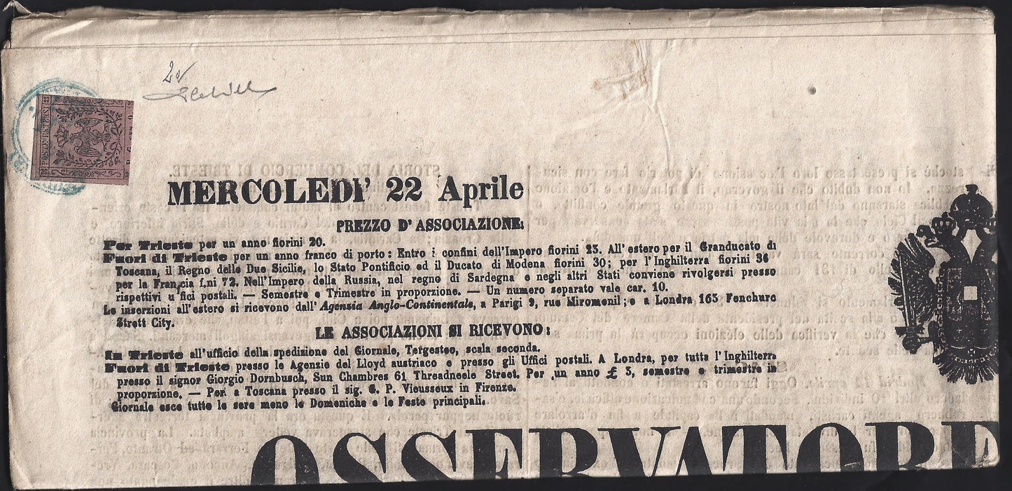 F23_151 - 1857 - Giornale "Osservatore Triestino del 22/4/57 affrancato con b.g.cen 9 violetto lillaceo (2a).