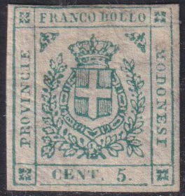 F20_40 - 1859 - Scudo di Savoia sormontato da corona Reale, c. 5 verde smeraldo nuovo con gomma originale, (12a).