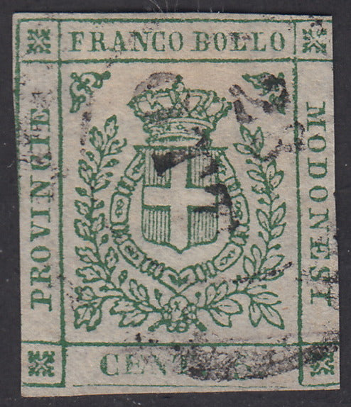 PV713 - 1859 - Scudo di Savoia sormontato da Corona Reale, c. 5 verde smeraldo usato.