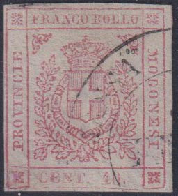 F20_42 - 1859 - Scudo di Savoia sormontato da corona Reale, c. 40 carminio usato con annullo originale di Massa Carrara, (17b).