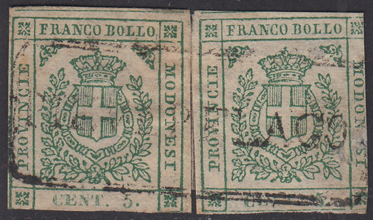 PV712 - 1859 - Scudo di Savoia sormontato da Corona Reale, c. 5 verde due esemplari usati con cartella di Pievepelago (12, p.ti R3).
