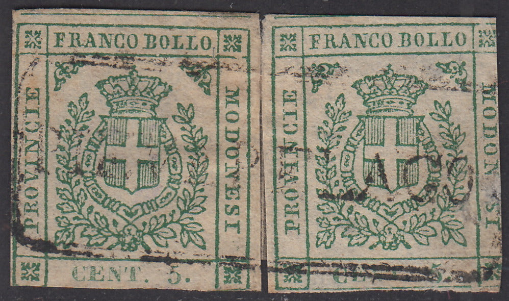PV712 - 1859 - Scudo di Savoia sormontato da Corona Reale, c. 5 verde due esemplari usati con cartella di Pievepelago (12, p.ti R3).