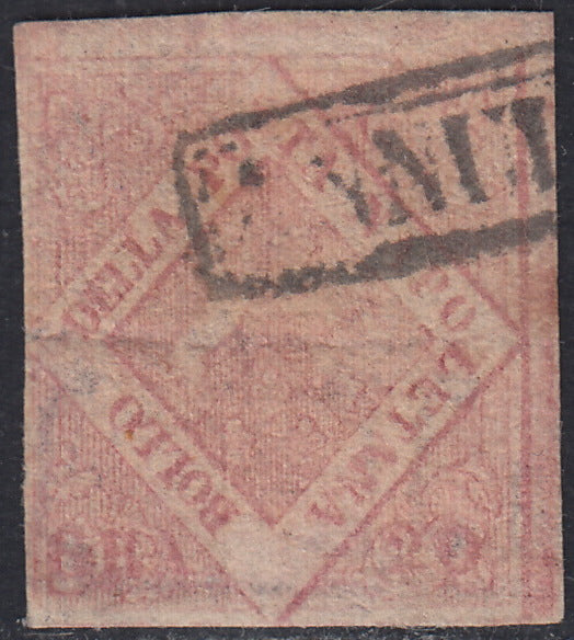 NAP40 - 1858 - Stemma delle Due Sicilie, 20 grana rosa chiaro II tavola usato, presenta filigrana lettere "Bolli Postali", pochissimi esemplari noti (13e).