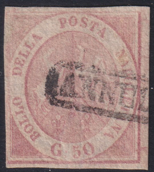 F19_41 - 1858 - Stemma delle Due Sicilie, 50 grana rosa brunastro usato, molto bello e non comune (14).