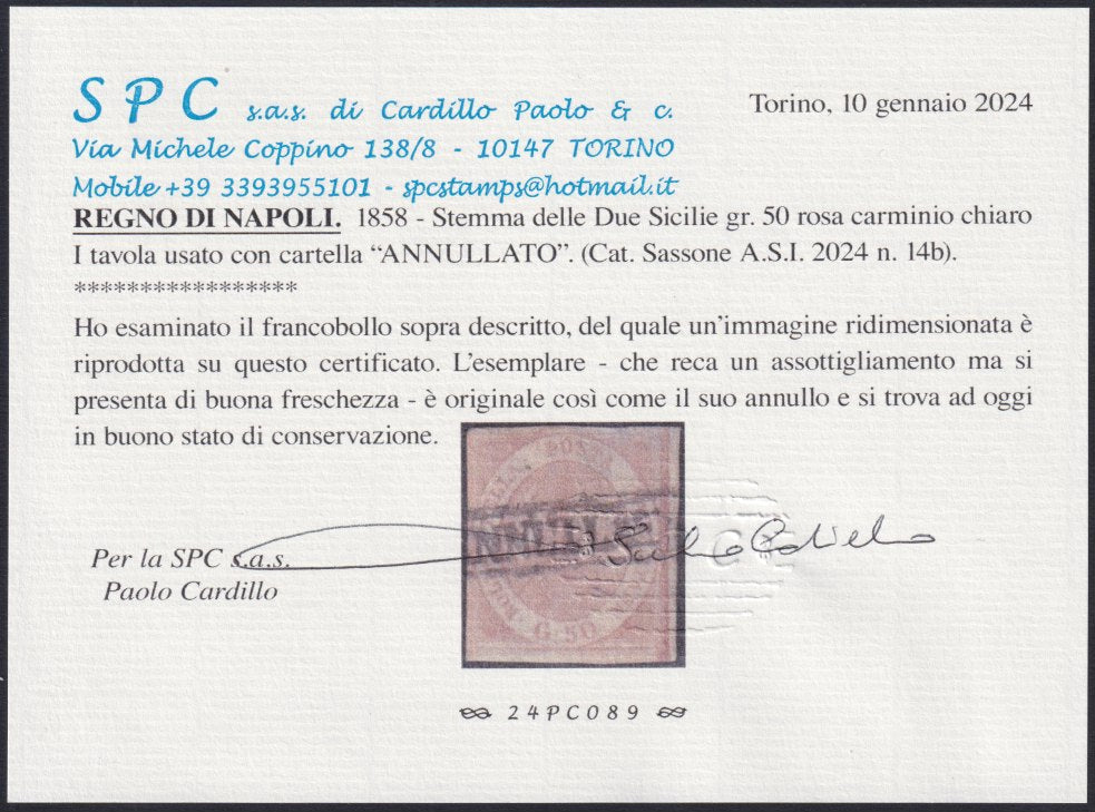 F20_47 - 1858 - Stemma delle Due Sicilie, 50 grana rosa carminio chiaro usato, (14b).