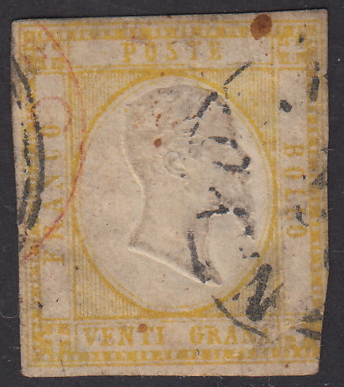 PV945 - 1861 - Effigie di Vittorio Emanuele II volta a destra, 20 grana giallo usato con annullo originale di Napoli, sul francobollo anche parte dell'annullo rosso di scambio francese, (23).