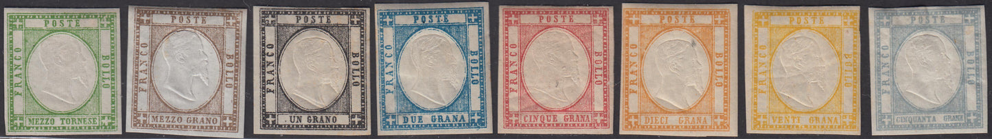 PP135 - 1861 - Effigie di Vittorio Emanuele II volta a destra, serie completa di otto esemplari nelle tonalità di colore base, nuovi con gomma originale. (17/24).