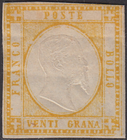 PV238 - 1861 - Effigie di Vittorio Emanuele II volta a destra, 20 grana giallo nuovo con gomma. (23).