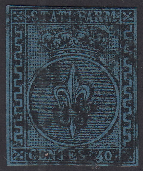 PV1051 - 1852 - Giglio Borbonico sormontato da corona ducale, c 40 azzurro usato con greca destra più larga (5b).