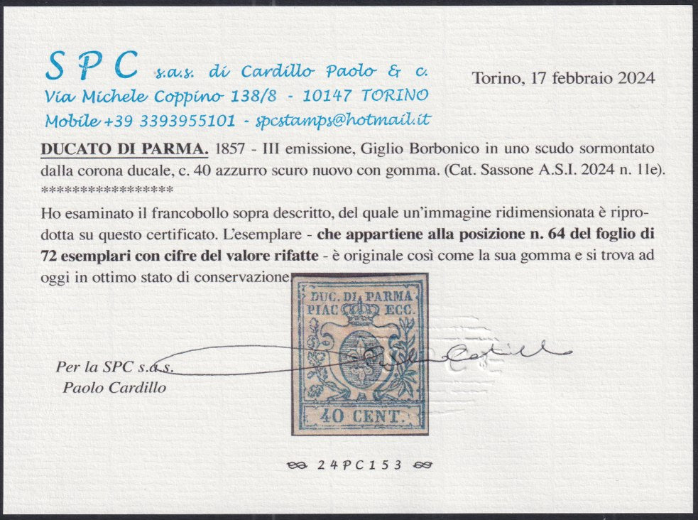 BA23_42 - 1857/59 - III emissione c. 40 azzurro posizione 64 (cifre del valore rifatte) nuovo con gomma. (11e).