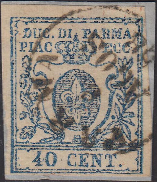 EC16_134 - 1857 - III emissione c. 40 azzurro scuro (stampa difettosa) con cifre rifatte posizione n. 64 del foglio usato su frammento, lieve ritocco nell'angolo superiore destro (11e).