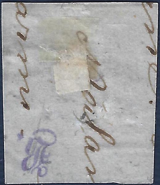 EC16_134 - 1857 - III emissione c. 40 azzurro scuro (stampa difettosa) con cifre rifatte posizione n. 64 del foglio usato su frammento, lieve ritocco nell'angolo superiore destro (11e).