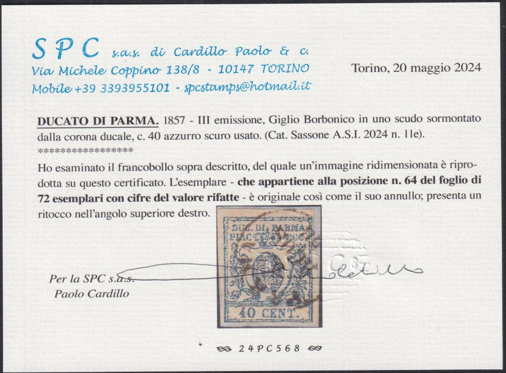 EC16_134 - 1857 - III emissione c. 40 azzurro scuro (stampa difettosa) con cifre rifatte posizione n. 64 del foglio usato su frammento, lieve ritocco nell'angolo superiore destro (11e).